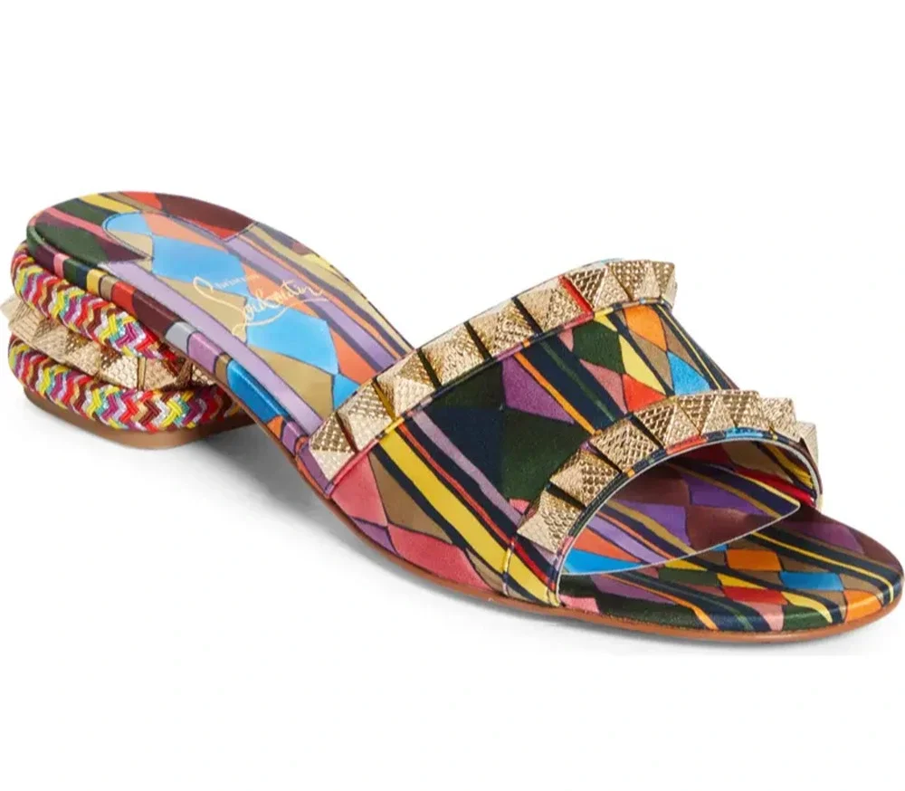 Christian Louboutin Pyramule 30 Multicolor Gold Stud Block Heel Mule Sandal 39